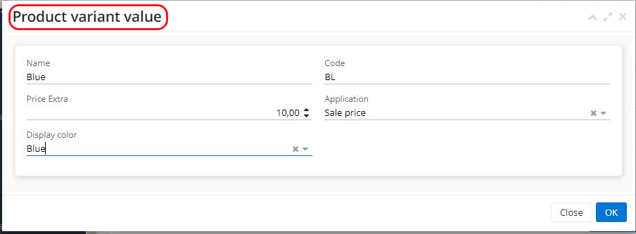 1.3. When clicking on +New in Values list, a new window will open, the Product Variant Values window. There, define the name and the code of a new value.
It's also possible to enter it's Application in dedicated field and define if it's a cost price / sale price / or purchase price.
Add display color if there is a need, and an overcharge in Price extra field if a certain color is sold for a higher price.
If you click on an already existing value in its field, the Product variant value window will open so it's going to be still possible to add Price Extra or change the field of Application. However, you won't be able to add new values to an already existing one via this field.